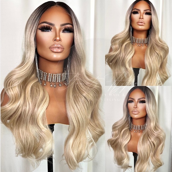 HD Transparent Lace Front Loose Curl Blonde Dark Root Ombre Long Wig - Picture 1 of 11